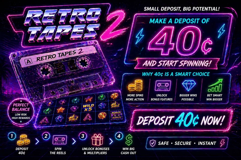 Retro Tapes 2 neon banner with 40 cent deposit offer, glowing cassette tape and slot reels in synthwave style