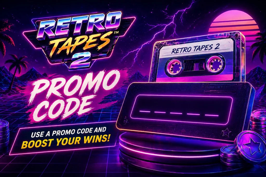 Retro Tapes 2 promo code banner with neon cassette design, glowing bar chart visuals and synthwave slot theme showing bonus boost concept