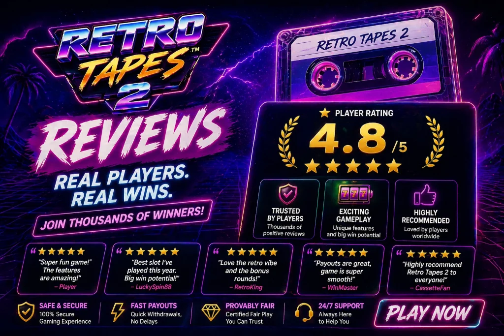 Retro Tapes 2 reviews banner with 4.8 rating, neon cassette design, player testimonials and high trust slot game concept