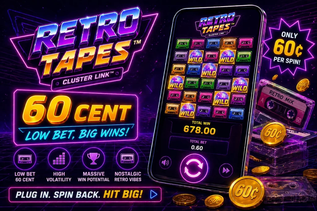 Retro Tapes 60 cent slot with low bet gameplay, neon retro design, and high win potential