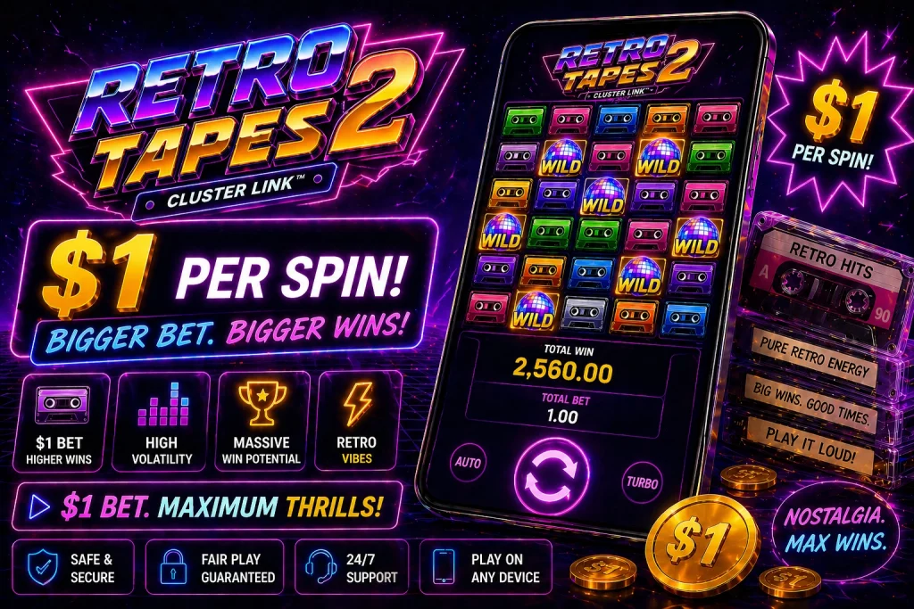 Retro Tapes 2 $1 per spin slot with neon design, high volatility gameplay, and big win potential
