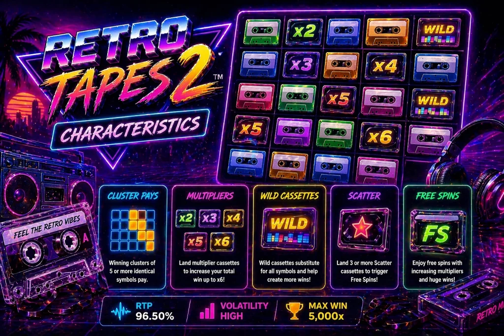 Retro Tapes 2 slot characteristics neon banner with multipliers and cassette symbols