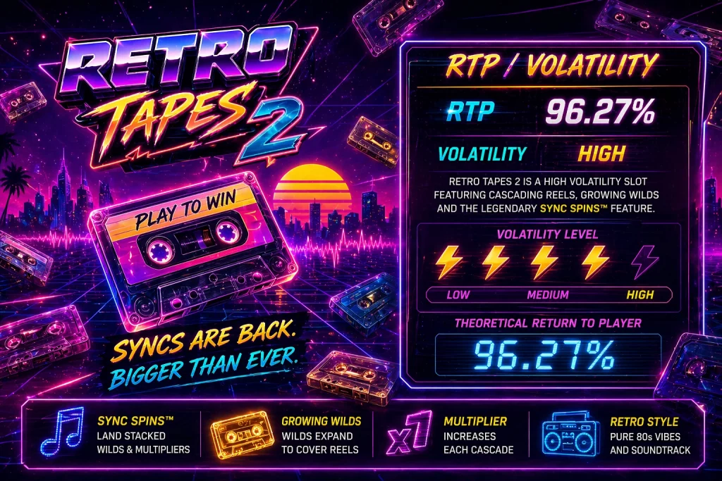 Retro Tapes 2 RTP and volatility neon banner with cassette theme, 96.27% RTP, high volatility slot with retro 80s style visuals