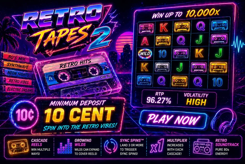 Retro Tapes 2 minimum deposit 10 cent neon banner with cassette theme, 96.27% RTP and high volatility slot in retro 80s style