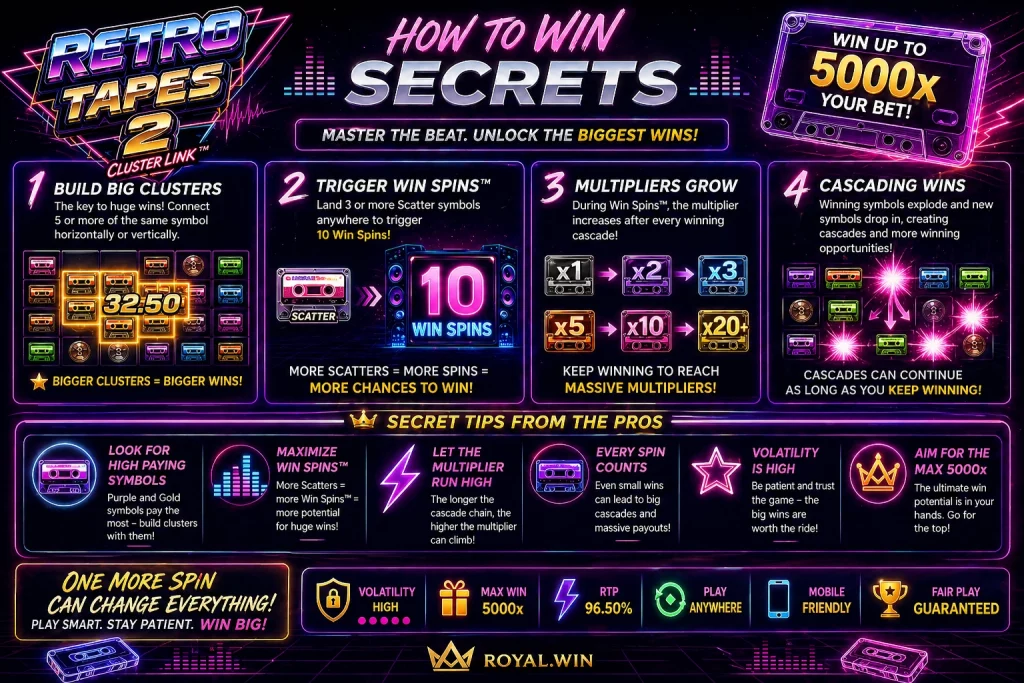 Retro Tapes 2 how to win secrets neon banner with cassette theme, cluster wins strategy, multipliers, free spins and high volatility slot tips in retro 80s style