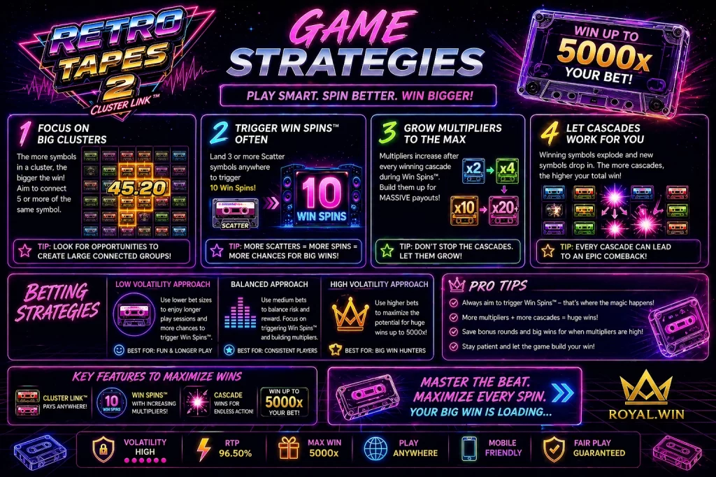 Retro Tapes 2 game strategies neon banner with cassette theme, cluster wins tips, multipliers, free spins and betting strategies in retro 80s synthwave style