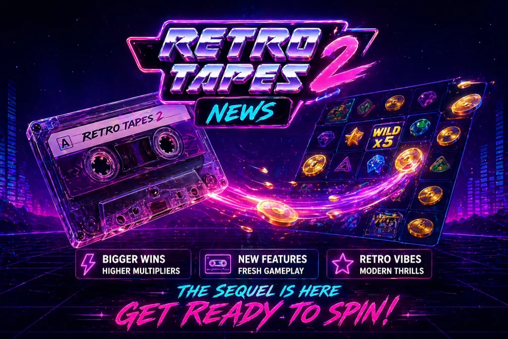 Retro Tapes 2 News neon banner with cassette tape, glowing slot reels, and retro synthwave style background