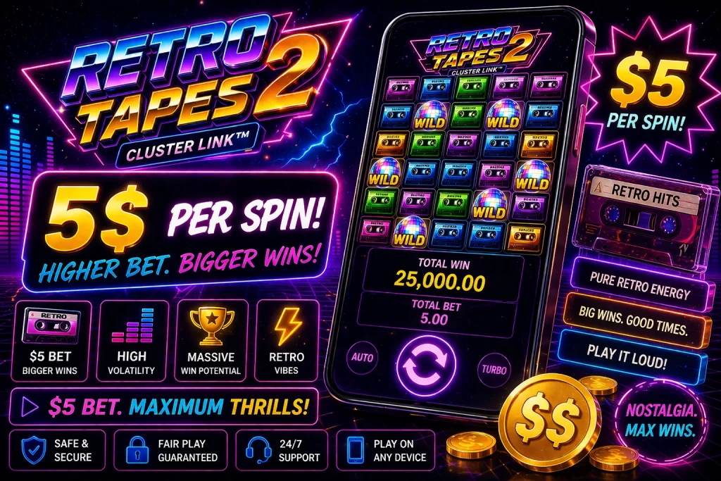 Retro Tapes 2 $5 per spin slot with neon retro style, high volatility gameplay, and big win potential