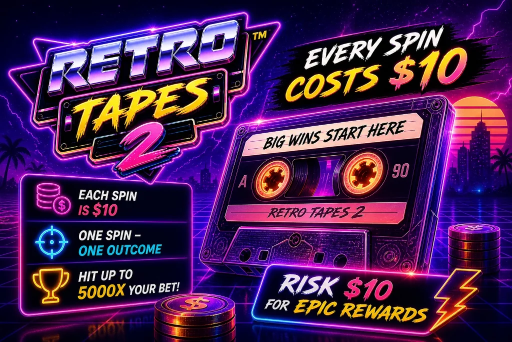 Retro Tapes 2 slot banner featuring a neon cassette design with $10 spin cost, high-stakes gameplay concept, and potential wins up to 5000x in a vibrant retro arcade style