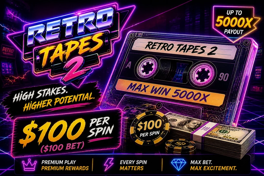 Retro Tapes 2 slot banner featuring a high-stakes $100 per spin concept, neon cassette design, premium gameplay atmosphere, and potential wins up to 5000x in a vibrant retro arcade style